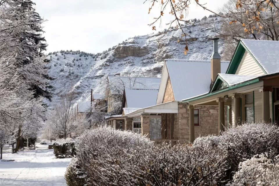 Row of homes in Durango, Colorado covered in snow.